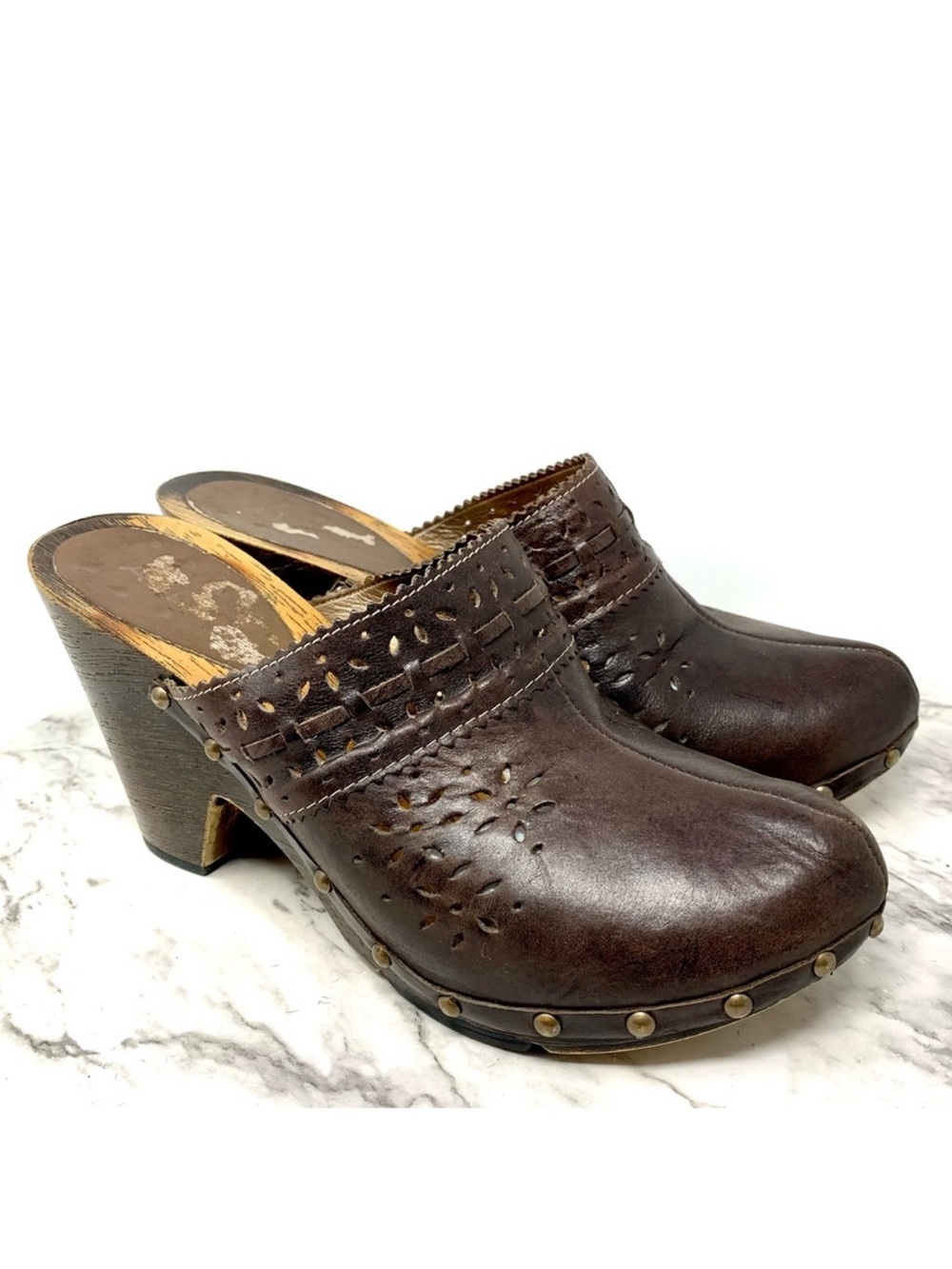 VTG Y2K Aldo Brown Leather Studded Wood Sole Clogs 40/9 Bohemian Cottagecore